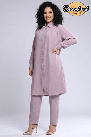 Women’s Elegant Two-Piece Shirt & Trouser Set – Mauve Pink