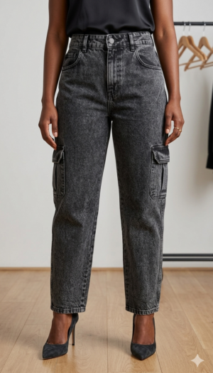 Trendy Ladies Acid-Wash Cargo Straight-Leg Jeans