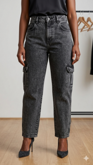 Trendy Ladies Acid-Wash Cargo Straight-Leg Jeans