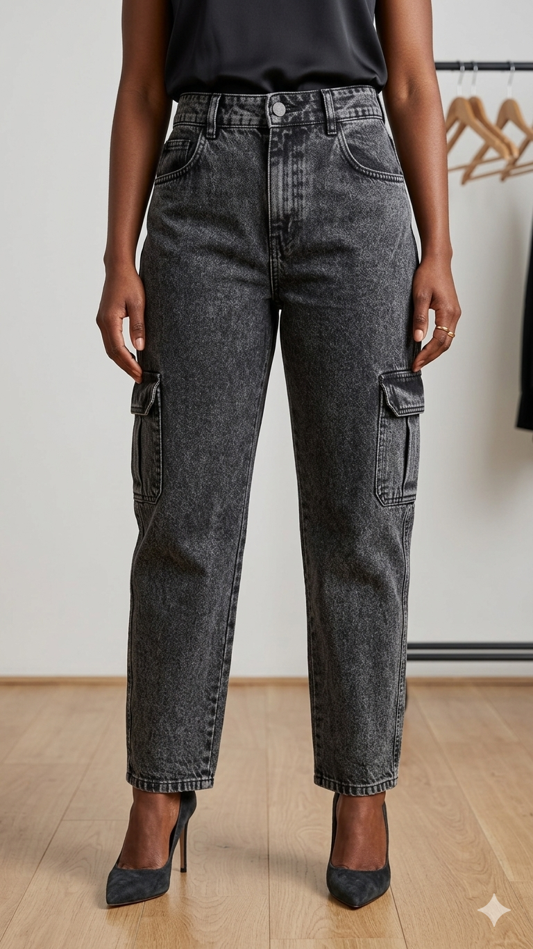 Trendy Ladies Acid-Wash Cargo Straight-Leg Jeans